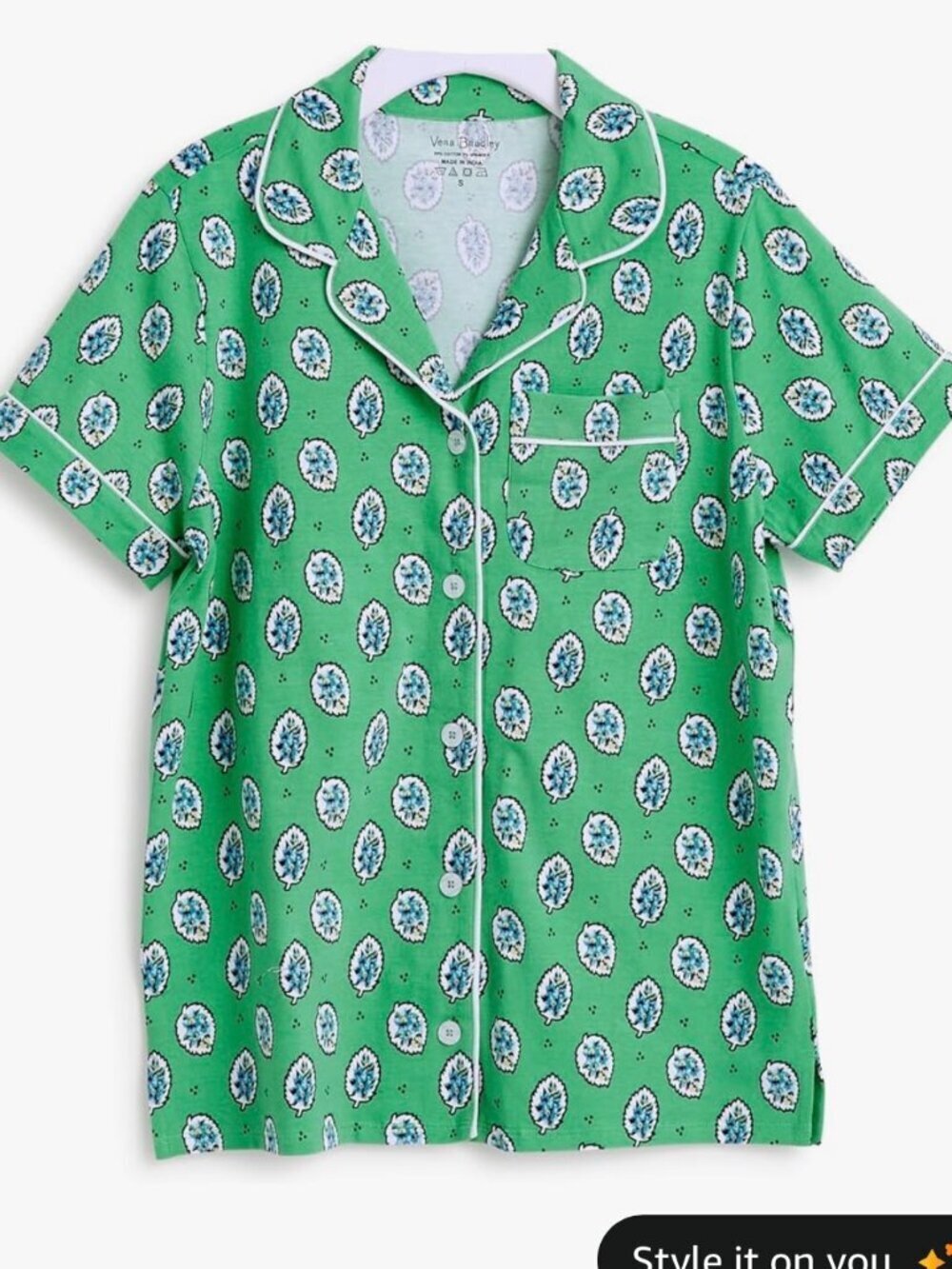 Vera Bradley Size 3x Cotton Pajama Short Sleeve Button Up Sleep Shirt Leaf Green